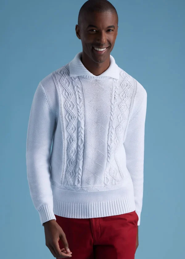 Aran Cable Mock Neck Cotton Sweater