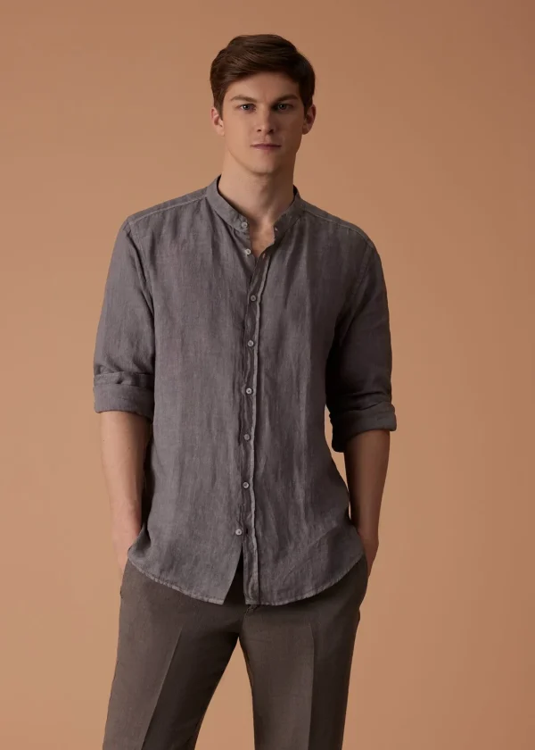 Band Collar Washed Linen Shirt